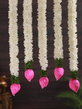 Pack of 5 Traditional Indian Mogra Gajra Garlands with Lotus Buds, Wall Hangings for Diwali, Indian Wedding And Home Decoration